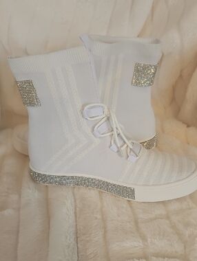 bernie mev. White Knit High-Top Sneakers with Crystal Accents